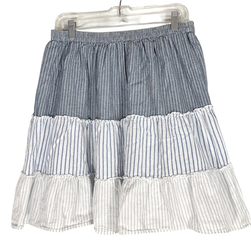 Life Style Striped Blue Tiered Chambray Cotton Skirt size Medium - Picture 1 of 6